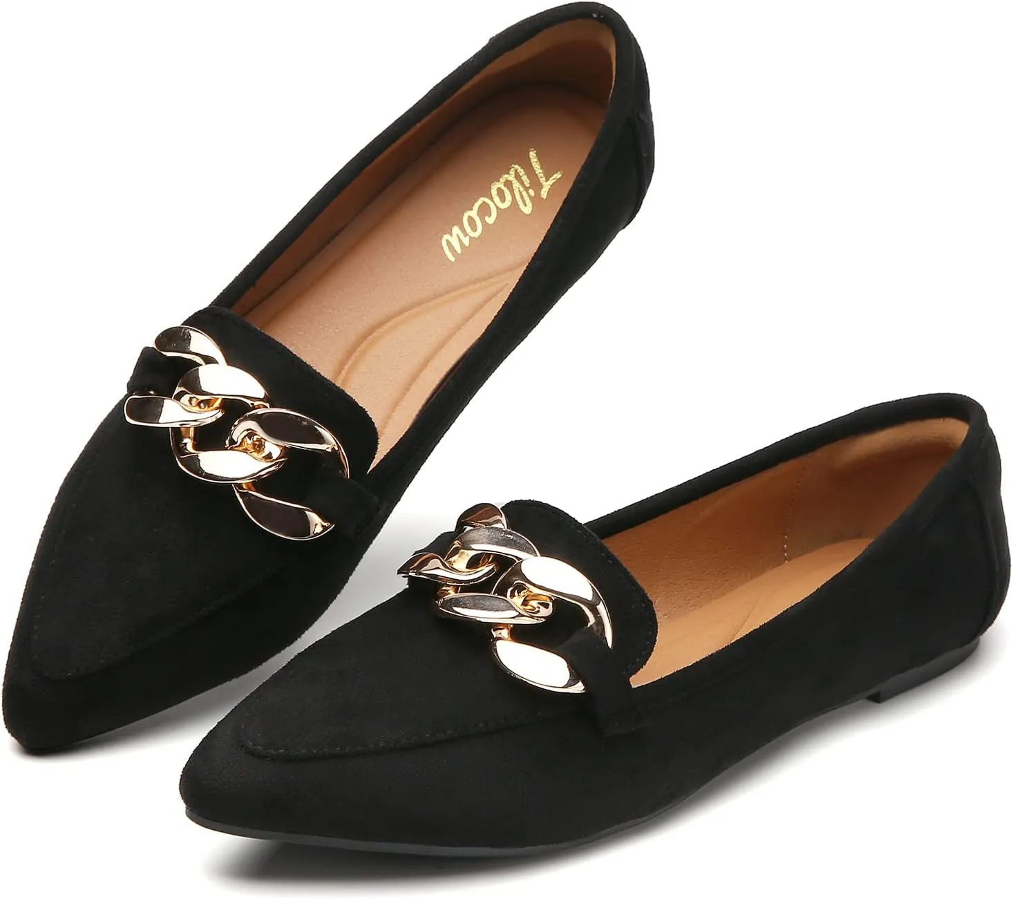 Tilocow Metal Chain Loafers for Womens Slip On Pointed Toe Flats Comfortable Fashion Work Business Shoes