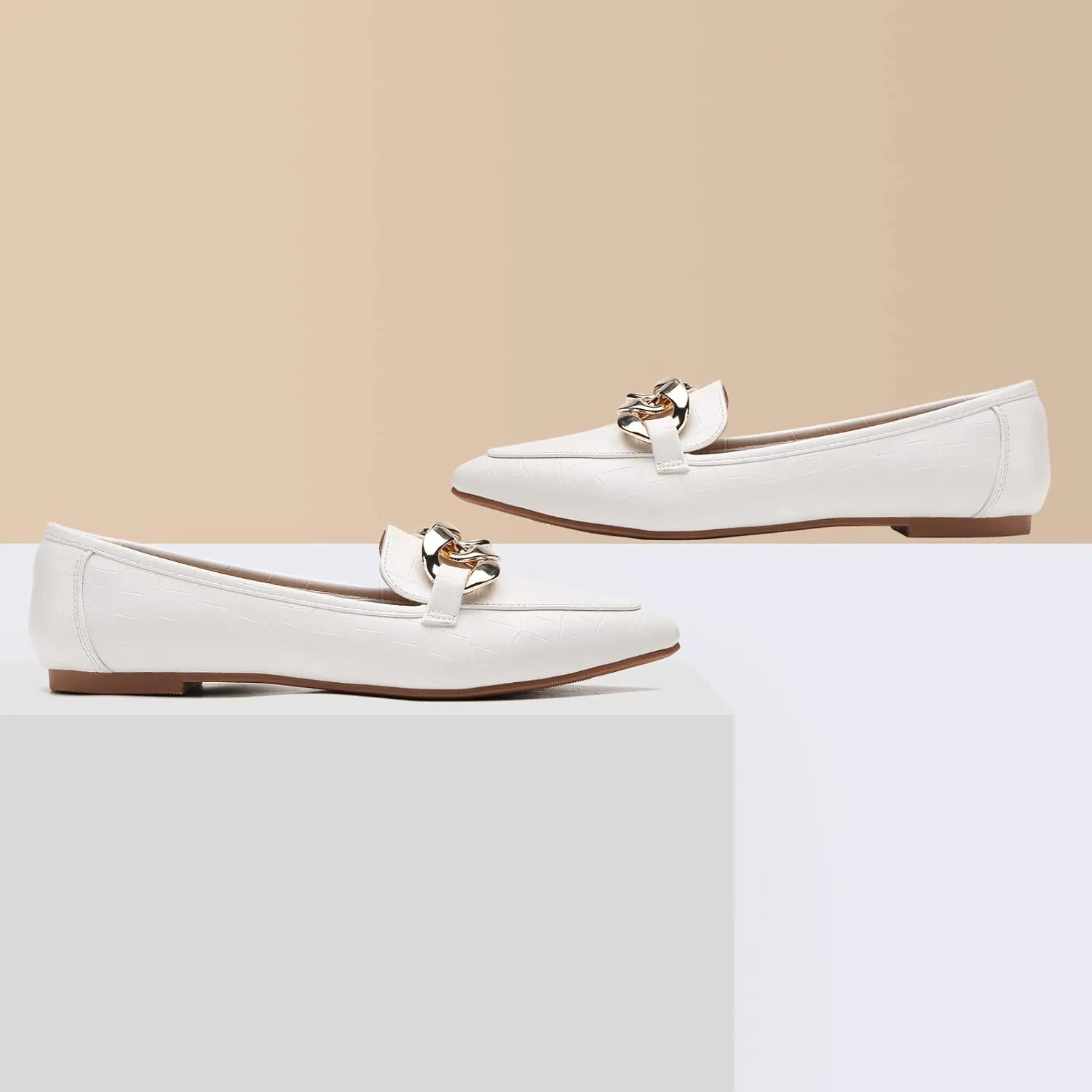Tilocow Metal Chain Loafers for Womens Slip On Pointed Toe Flats Comfortable Fashion Work Business Shoes