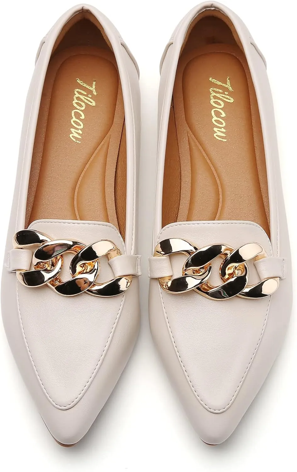 Tilocow Metal Chain Loafers for Womens Slip On Pointed Toe Flats Comfortable Fashion Work Business Shoes