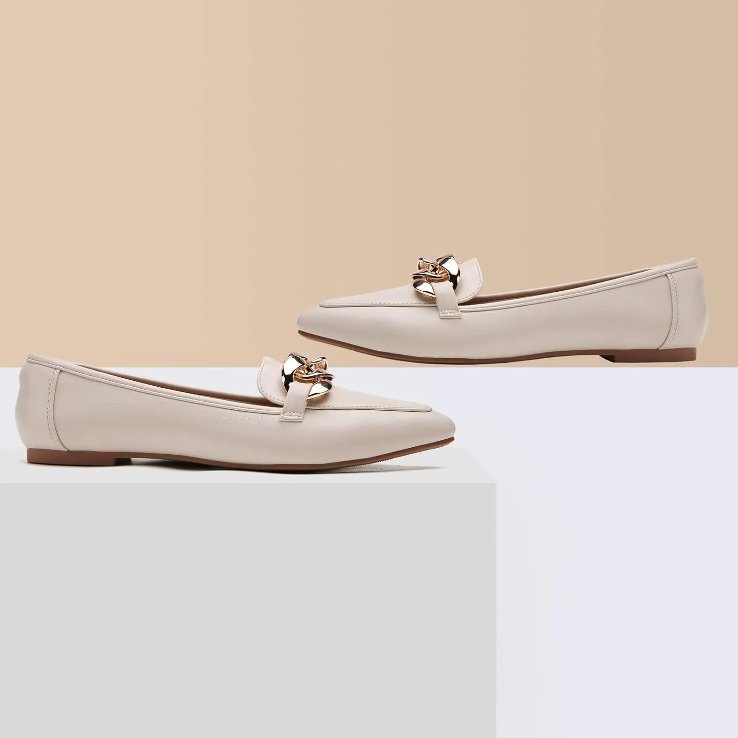 Tilocow Metal Chain Loafers for Womens Slip On Pointed Toe Flats Comfortable Fashion Work Business Shoes