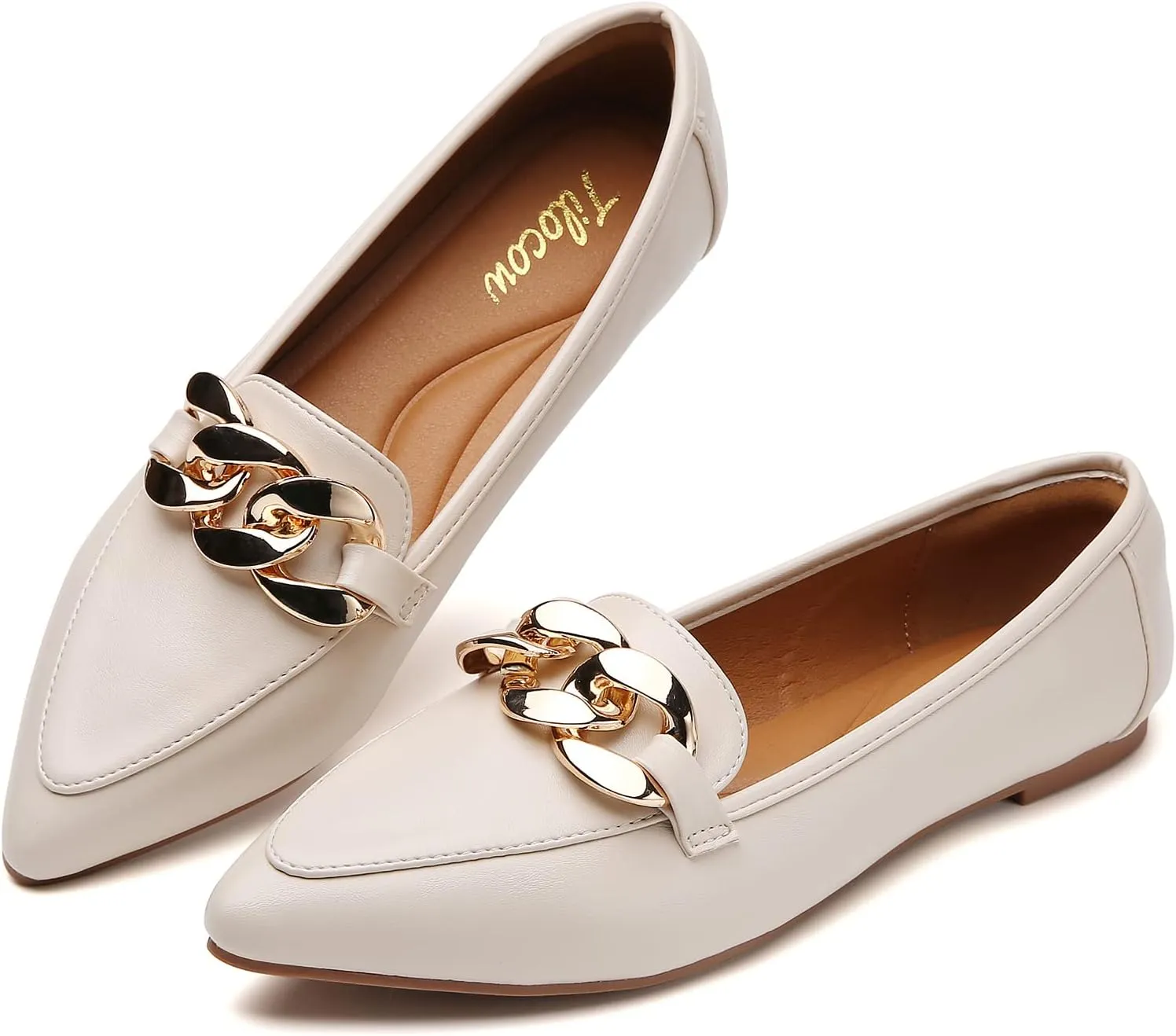 Tilocow Metal Chain Loafers for Womens Slip On Pointed Toe Flats Comfortable Fashion Work Business Shoes