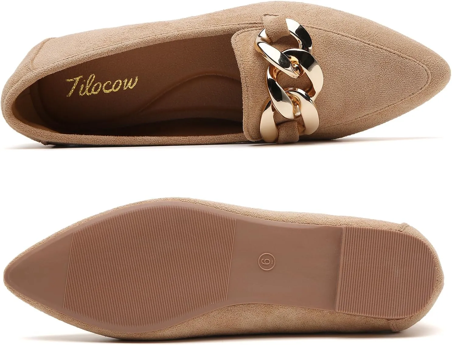 Tilocow Metal Chain Loafers for Womens Slip On Pointed Toe Flats Comfortable Fashion Work Business Shoes