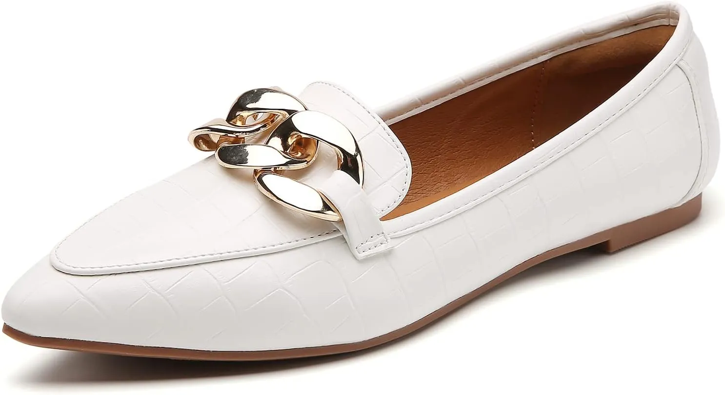 Tilocow Metal Chain Loafers for Womens Slip On Pointed Toe Flats Comfortable Fashion Work Business Shoes