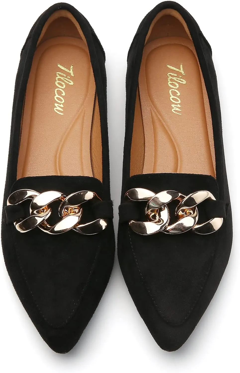 Tilocow Metal Chain Loafers for Womens Slip On Pointed Toe Flats Comfortable Fashion Work Business Shoes