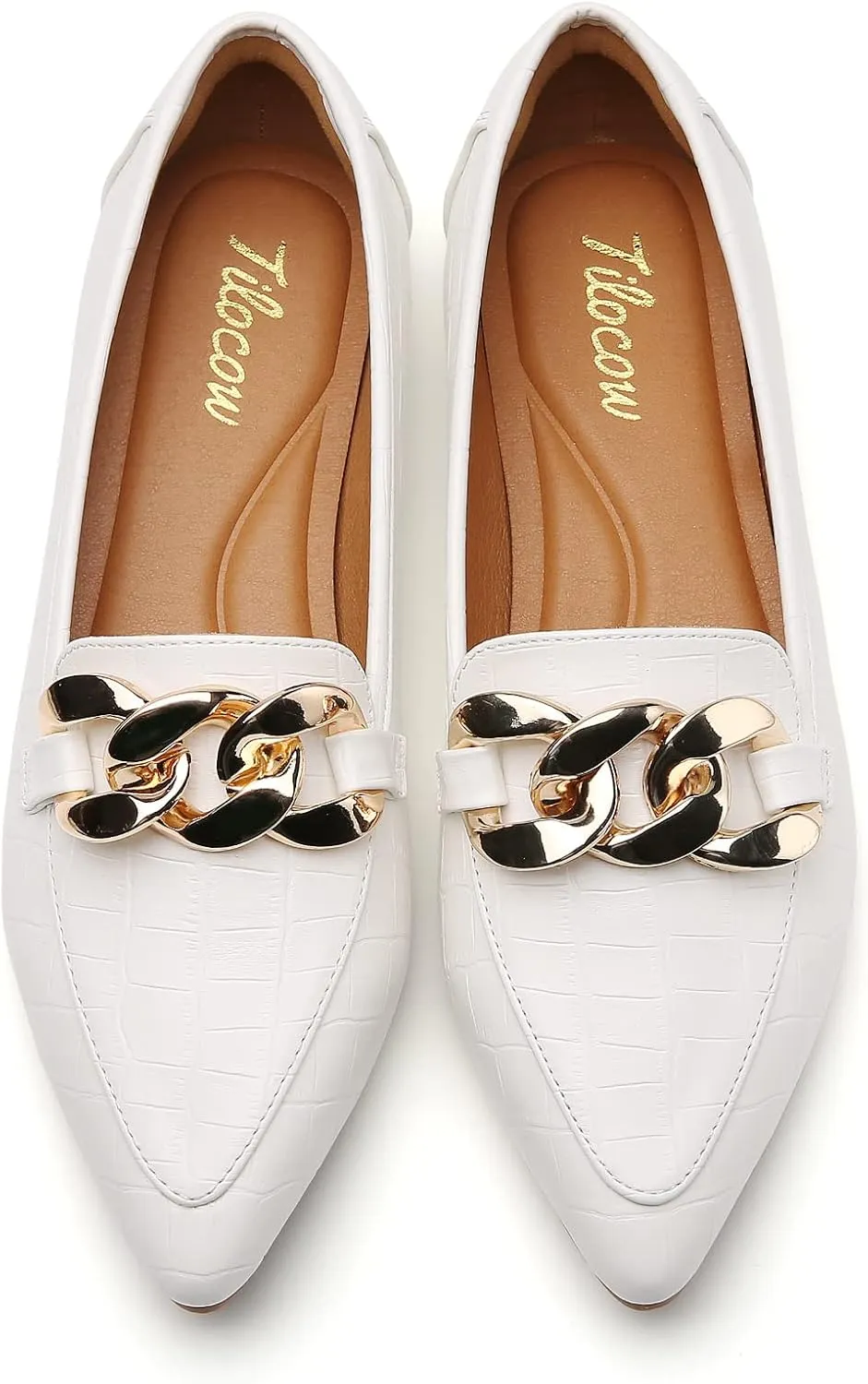 Tilocow Metal Chain Loafers for Womens Slip On Pointed Toe Flats Comfortable Fashion Work Business Shoes