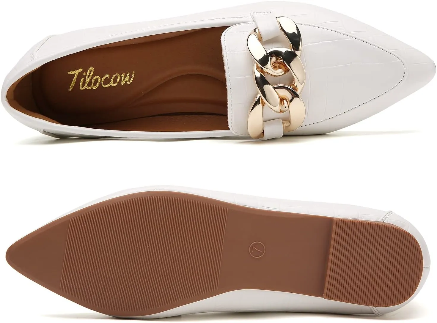 Tilocow Metal Chain Loafers for Womens Slip On Pointed Toe Flats Comfortable Fashion Work Business Shoes