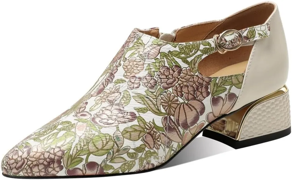 TinaCus Women's Pointed Toe Printed Genuine Leather Handmade Zipper with Buckle Low Heels Loafers Shoes