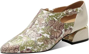 TinaCus Women's Pointed Toe Printed Genuine Leather Handmade Zipper with Buckle Low Heels Loafers Shoes