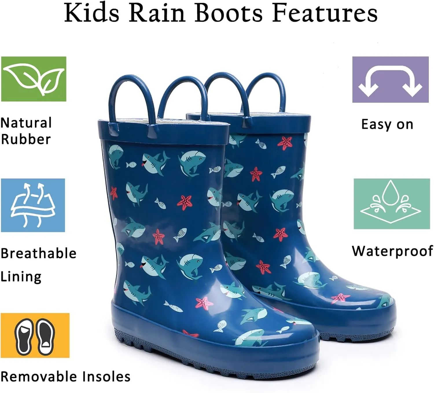 Toddler Rain Boots for Boys and Girls Waterproof Rubber Kids Rain Boots with Easy on Handles All-season