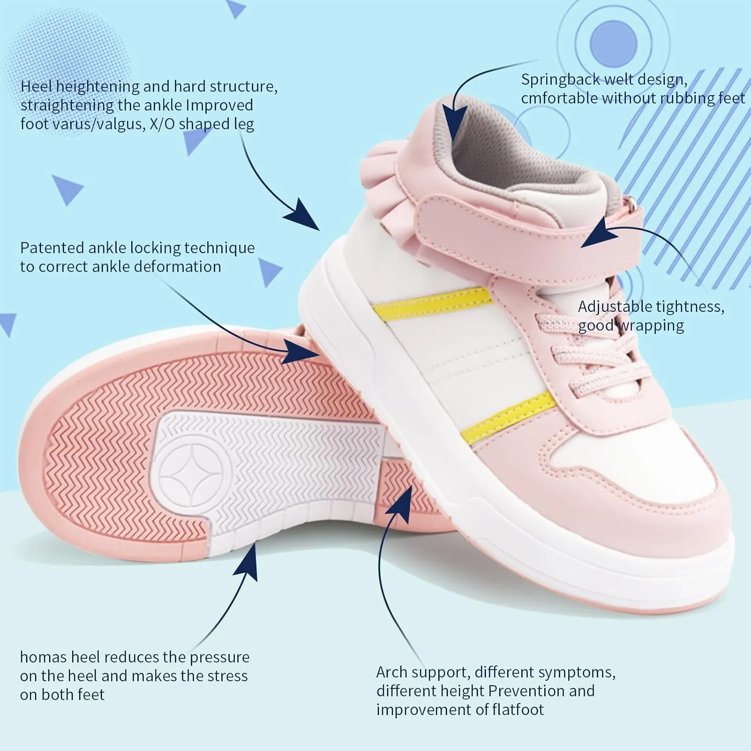 Toddlers Girls Orthopedic Shoes with Ankle and Arch Support,Fashion Thick Sole Sneakers with Skirt Decoration
