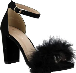 TOP Moda K 30 Womens Feather Fur Chunky Heel Sandals Nubuck Black 7.5