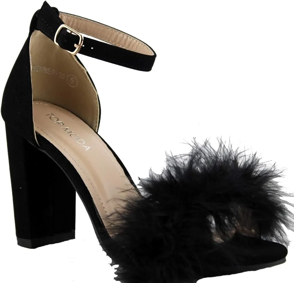 TOP Moda K 30 Womens Feather Fur Chunky Heel Sandals Nubuck Black 7
