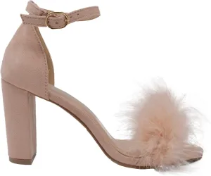 TOP Moda K 30 Womens Feather Fur Chunky Heel Sandals Nubuck Blush 10