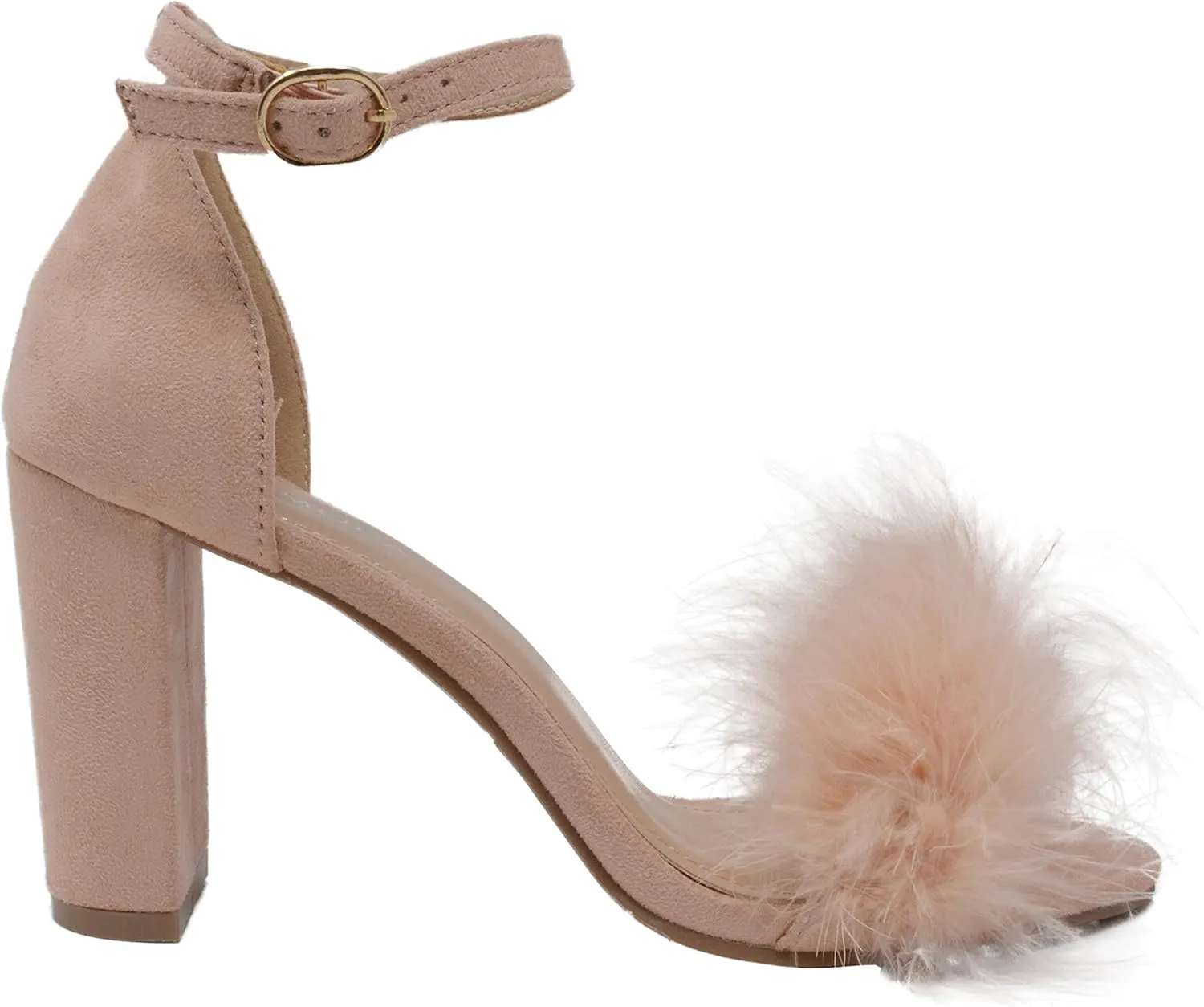 TOP Moda K 30 Womens Feather Fur Chunky Heel Sandals Nubuck Blush 10