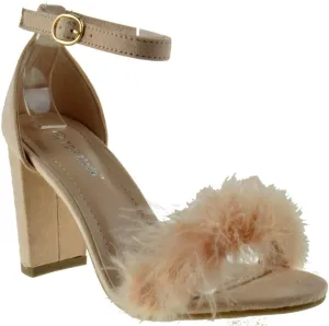 TOP Moda K 30 Womens Feather Fur Chunky Heel Sandals Nubuck Blush 8.5