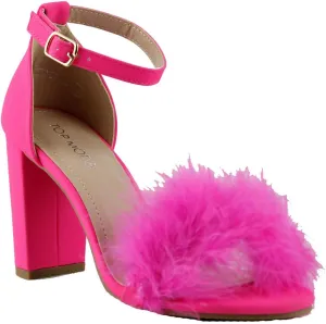TOP Moda K 30 Womens Feather Fur Chunky Heel Sandals Nubuck Hot Pink 9