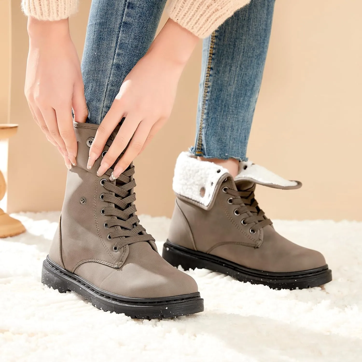 TUOPIN Women Fashion Ankle Boots, PU Lace-up Women's Combat Boots, Fleecing Warm Comfort Chelsea Anti-Slip Womens Ankle Boots