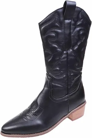 Ulalaza Women's Boots Western Cowboy Boots Mid Calf Cowgirl Boots Block Chunky Heel Embroidered Floral Mid Heel Casual Boots High Pointed Toe Boot Dress Boots Knee High Square Toe Short Booties
