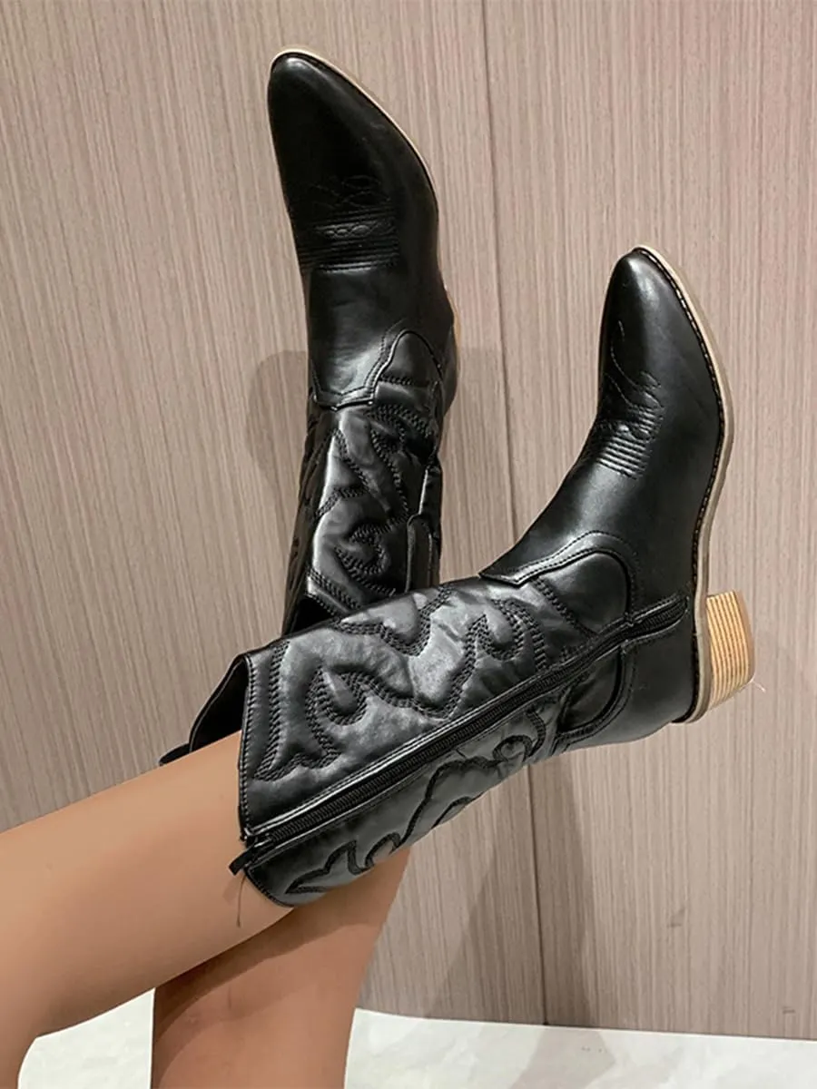 Ulalaza Women's Boots Western Cowboy Boots Mid Calf Cowgirl Boots Block Chunky Heel Embroidered Floral Mid Heel Casual Boots High Pointed Toe Boot Dress Boots Knee High Square Toe Short Booties