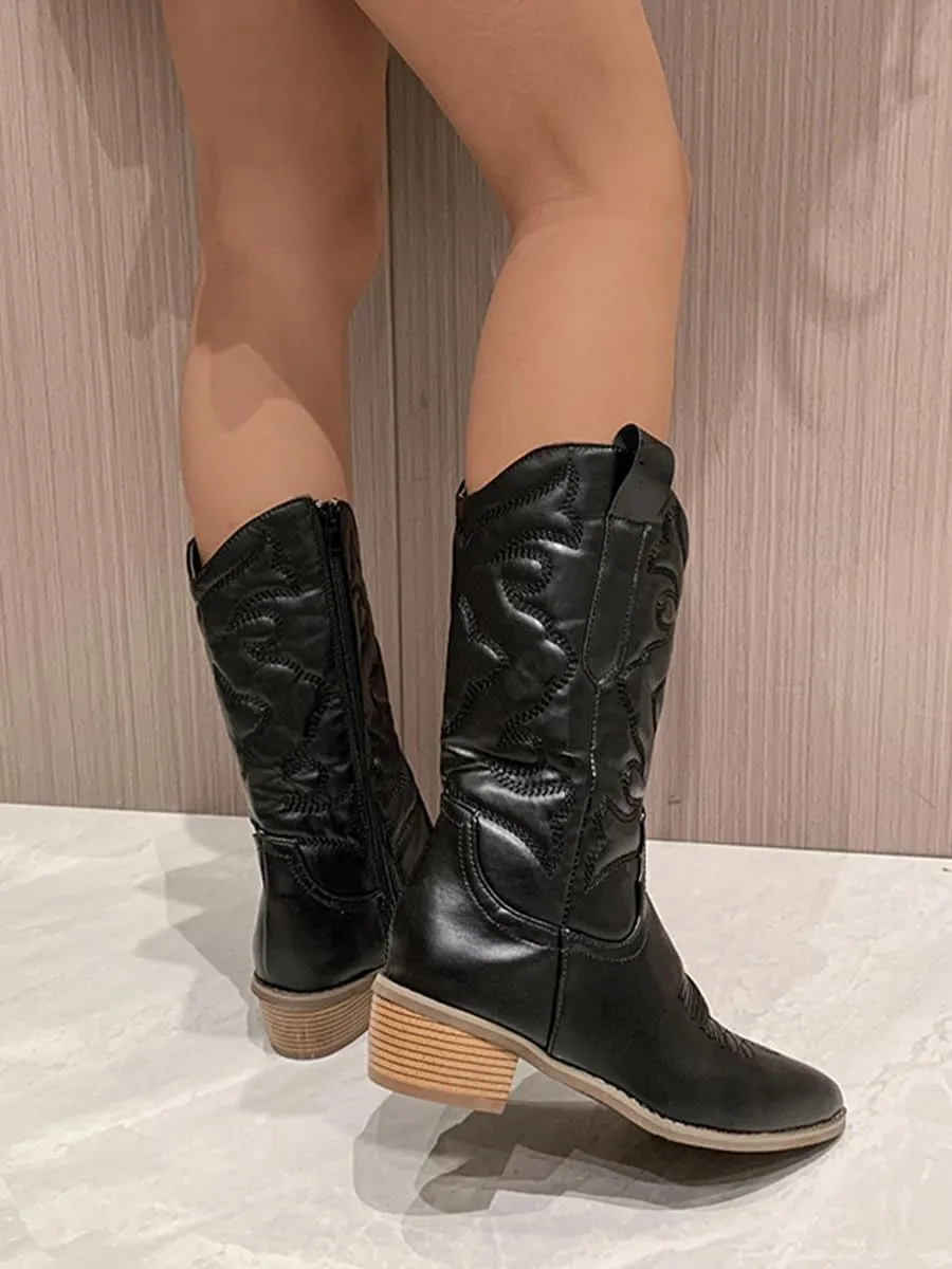 Ulalaza Women's Boots Western Cowboy Boots Mid Calf Cowgirl Boots Block Chunky Heel Embroidered Floral Mid Heel Casual Boots High Pointed Toe Boot Dress Boots Knee High Square Toe Short Booties