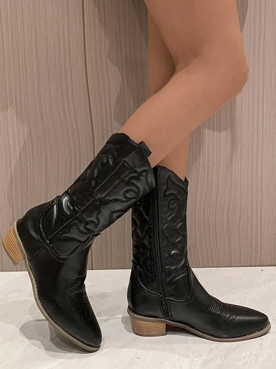 Ulalaza Women's Boots Western Cowboy Boots Mid Calf Cowgirl Boots Block Chunky Heel Embroidered Floral Mid Heel Casual Boots High Pointed Toe Boot Dress Boots Knee High Square Toe Short Booties