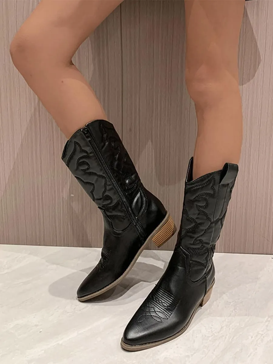 Ulalaza Women's Boots Western Cowboy Boots Mid Calf Cowgirl Boots Block Chunky Heel Embroidered Floral Mid Heel Casual Boots High Pointed Toe Boot Dress Boots Knee High Square Toe Short Booties