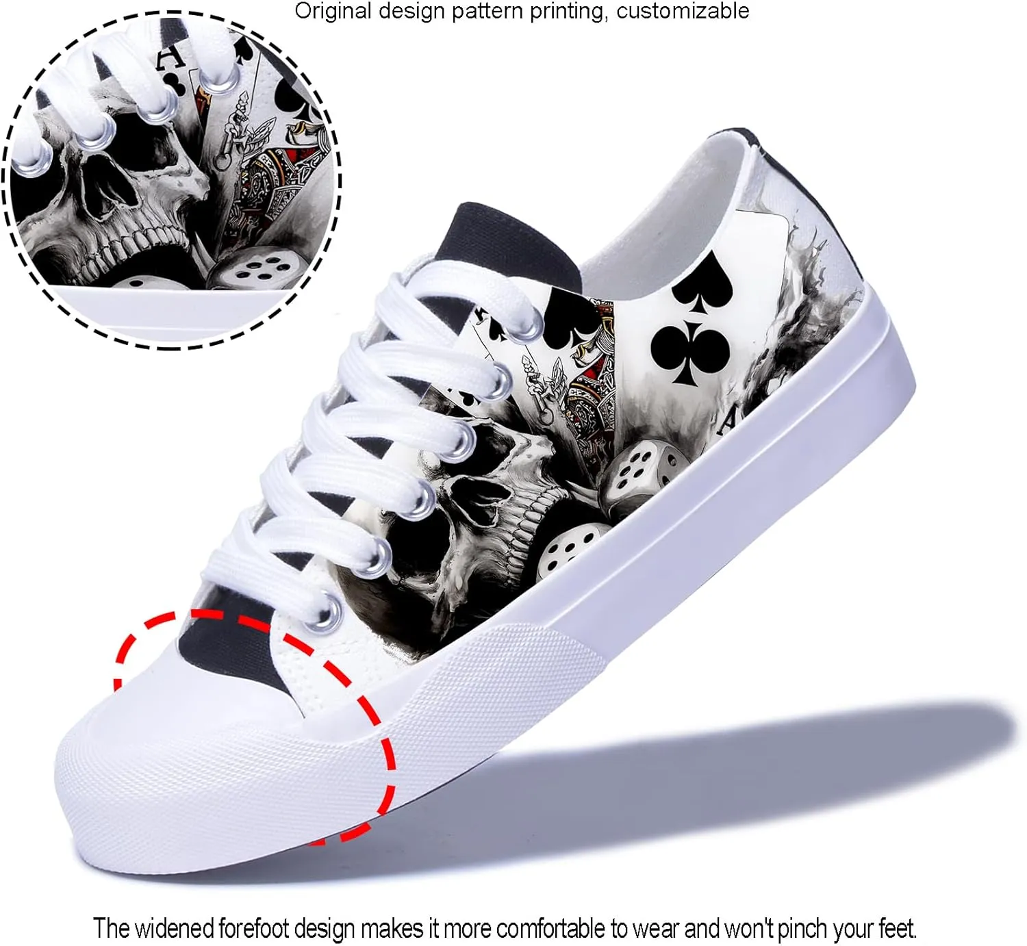 Unisex Skull Low Tops for Men Cool Design Black Canvas Shoes Classic Lace Up Fashion Sneakers Streetwear