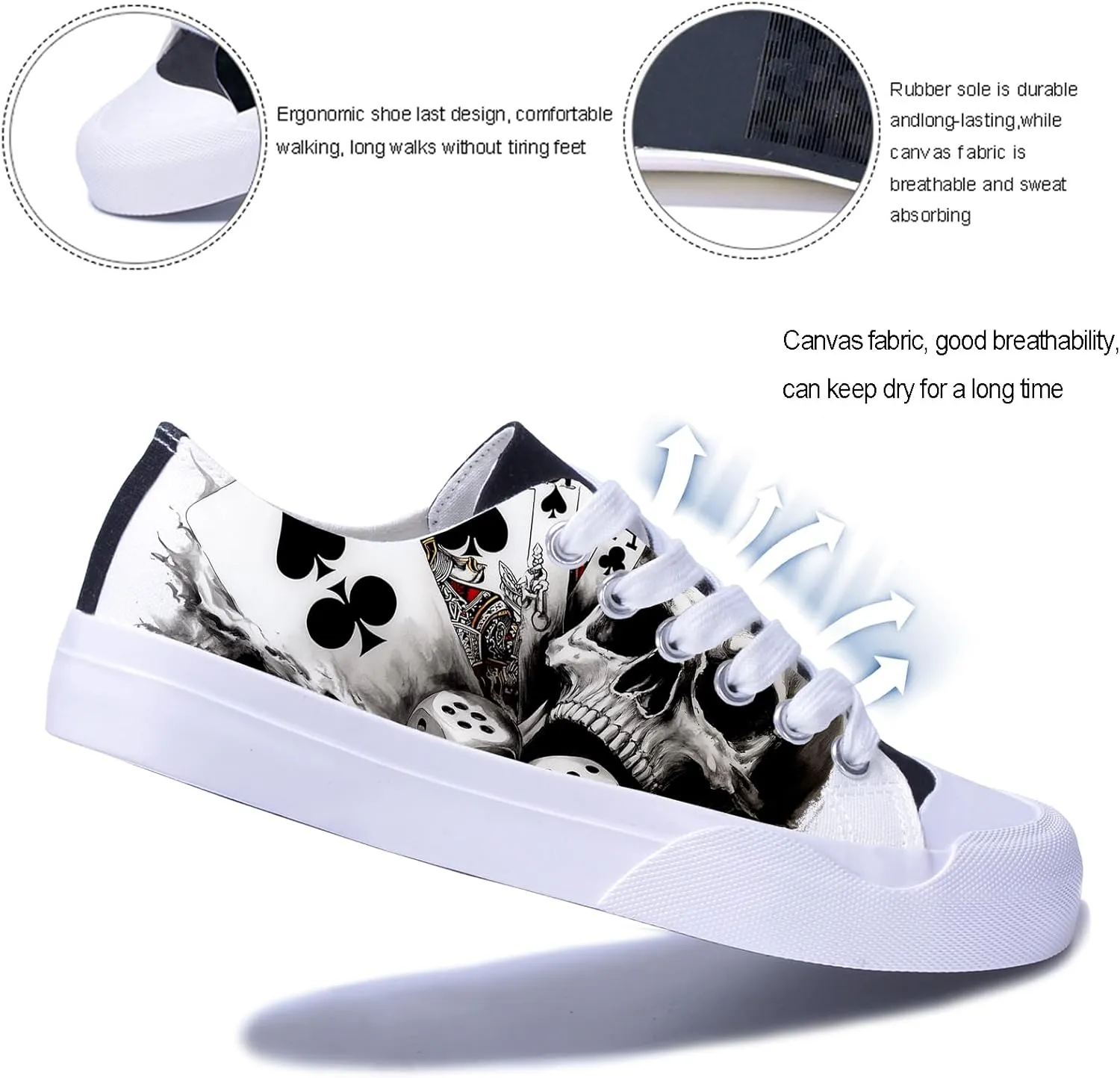 Unisex Skull Low Tops for Men Cool Design Black Canvas Shoes Classic Lace Up Fashion Sneakers Streetwear