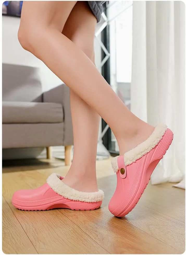 Unisex Winter Fur Lined Clogs Shoes Cushioned Fleece Clogs Indoor Outdoor Fuzzy Slippers Comfy Memory Foam Fluffy Lined Clogs Garden Waterproof Mules