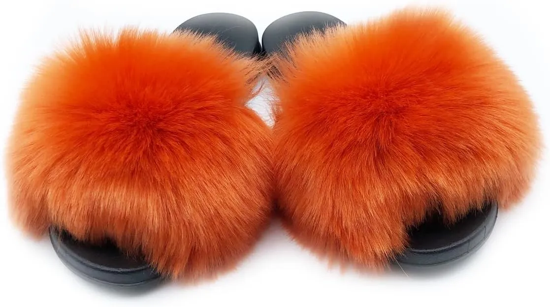 Unpafcxddyig Women Faux Fox Fur Slippers Feather Vegan Leather Open Toe Slip On Sandals