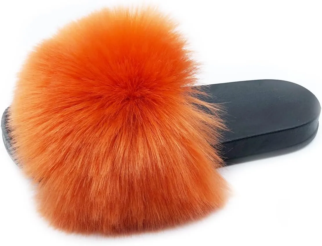 Unpafcxddyig Women Faux Fox Fur Slippers Feather Vegan Leather Open Toe Slip On Sandals