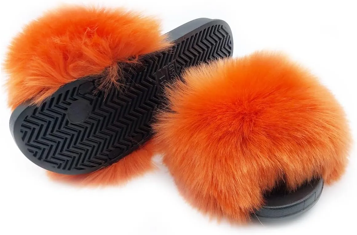 Unpafcxddyig Women Faux Fox Fur Slippers Feather Vegan Leather Open Toe Slip On Sandals