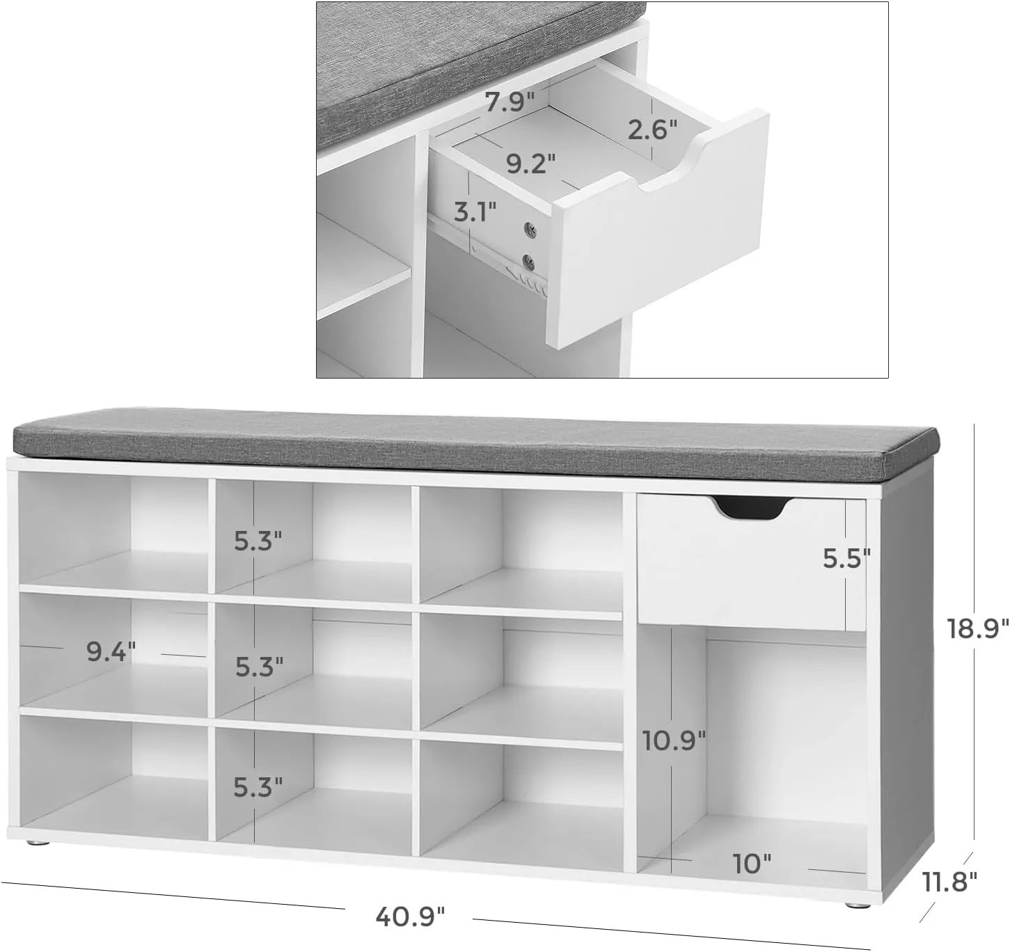 VASAGLE Storage Bench, Entryway Bench with Cushion, Drawer and Open Compartments, Bench with Storage, for Living Room, Bedroom, Closet, White and Gray ULHS24WT