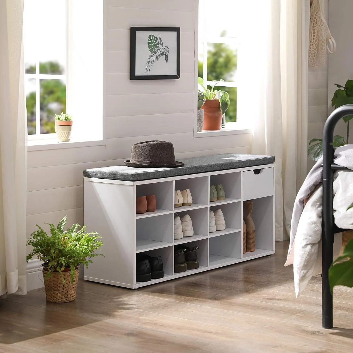 VASAGLE Storage Bench, Entryway Bench with Cushion, Drawer and Open Compartments, Bench with Storage, for Living Room, Bedroom, Closet, White and Gray ULHS24WT