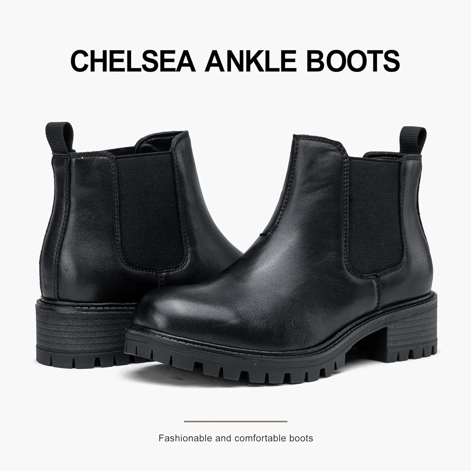 Vepose Women's 9625 Chelsea Ankle Boots, Chunky Low Heel Pull-on Booties with Elastic and Lug Sole