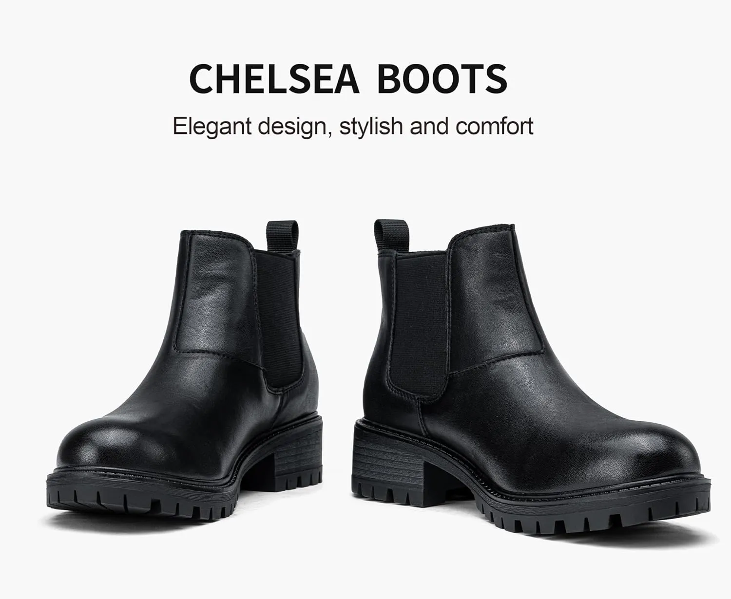 Vepose Women's 9625 Chelsea Ankle Boots, Chunky Low Heel Pull-on Booties with Elastic and Lug Sole