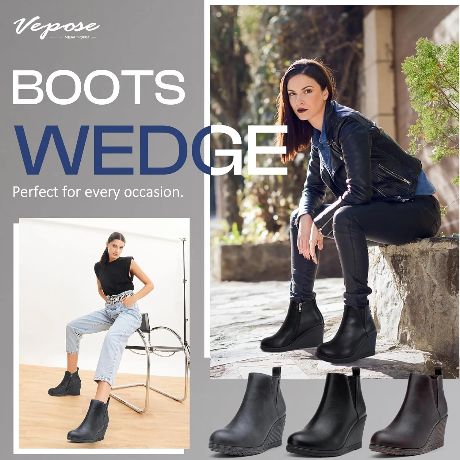 Vepose Women's 9679 Low Wedge Boots, Comfortable Ankle Booties with Inside Zipper