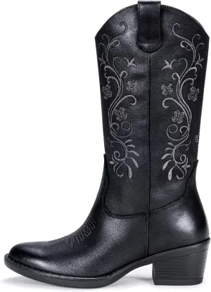 Vepose Women's Cowboy Boots, Embroidered Western Mid-Calf 9802 Cowgirl Boots, Pointed Toe Pull on Boots with Chunky Heel
