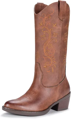 Vepose Women's Cowboy Boots, Embroidered Western Mid-Calf 9802 Cowgirl Boots, Pointed Toe Pull on Boots with Chunky Heel