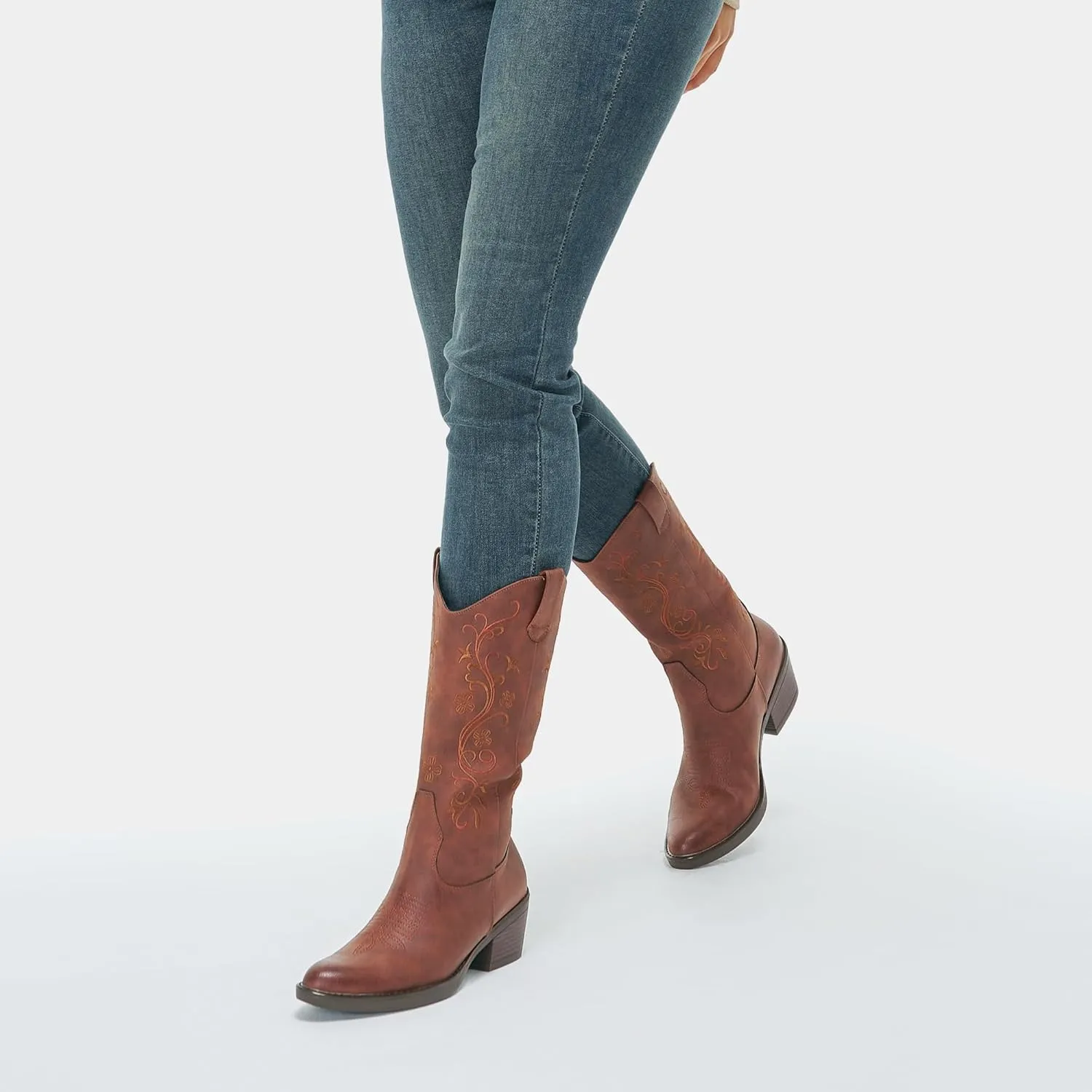 Vepose Women's Cowboy Boots, Embroidered Western Mid-Calf 9802 Cowgirl Boots, Pointed Toe Pull on Boots with Chunky Heel