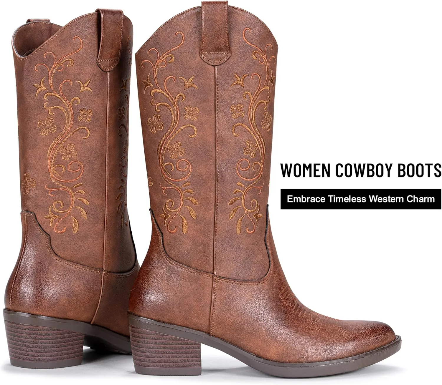 Vepose Women's Cowboy Boots, Embroidered Western Mid-Calf 9802 Cowgirl Boots, Pointed Toe Pull on Boots with Chunky Heel