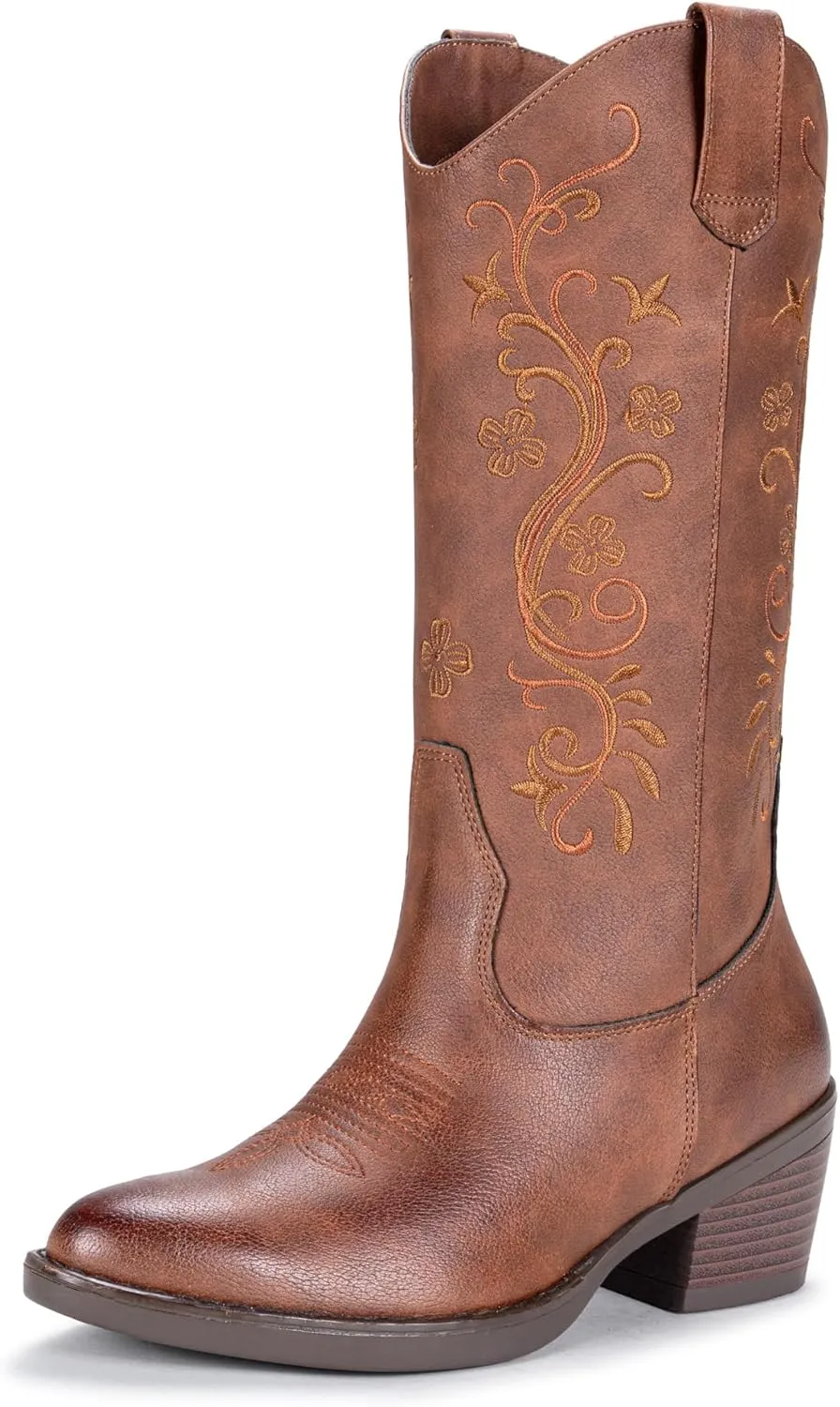 Vepose Women's Cowboy Boots, Embroidered Western Mid-Calf 9802 Cowgirl Boots, Pointed Toe Pull on Boots with Chunky Heel