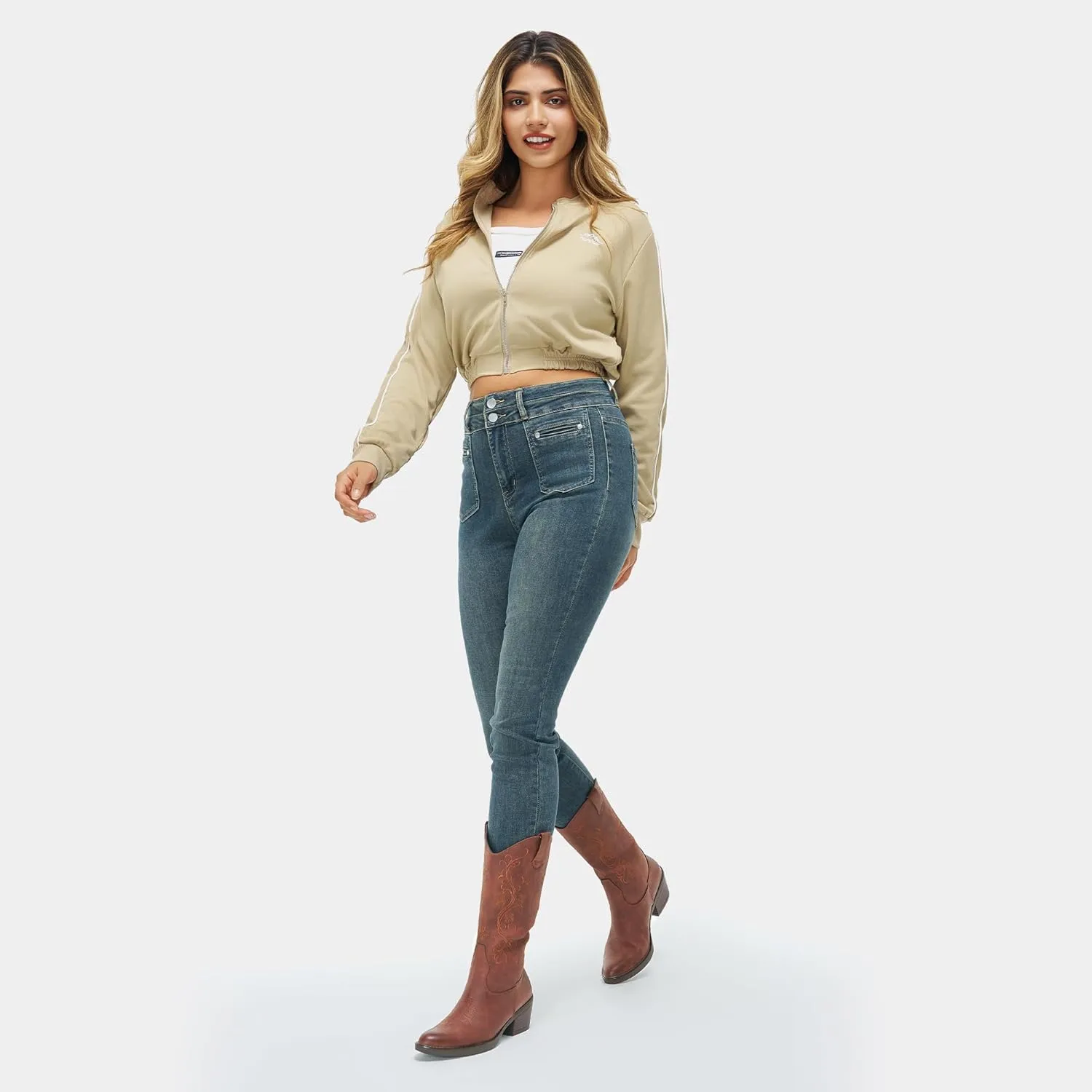 Vepose Women's Cowboy Boots, Embroidered Western Mid-Calf 9802 Cowgirl Boots, Pointed Toe Pull on Boots with Chunky Heel