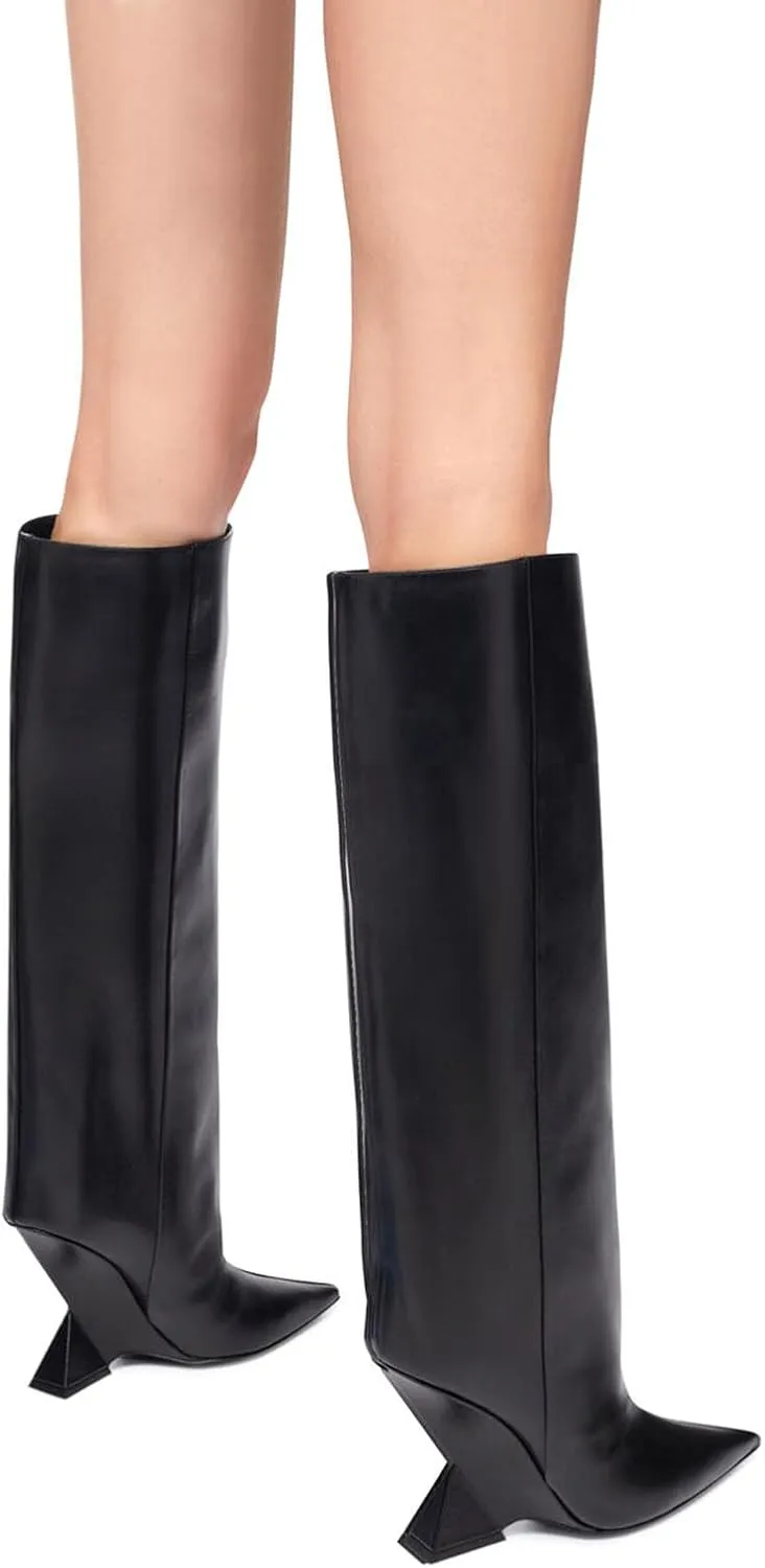 Vertundy Womens Pointed Toe Chunky High Heel Wide Calf Knee High Boots