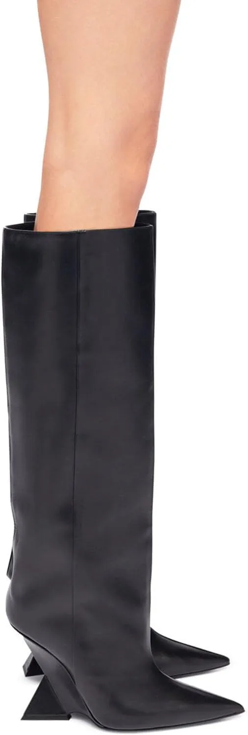 Vertundy Womens Pointed Toe Chunky High Heel Wide Calf Knee High Boots