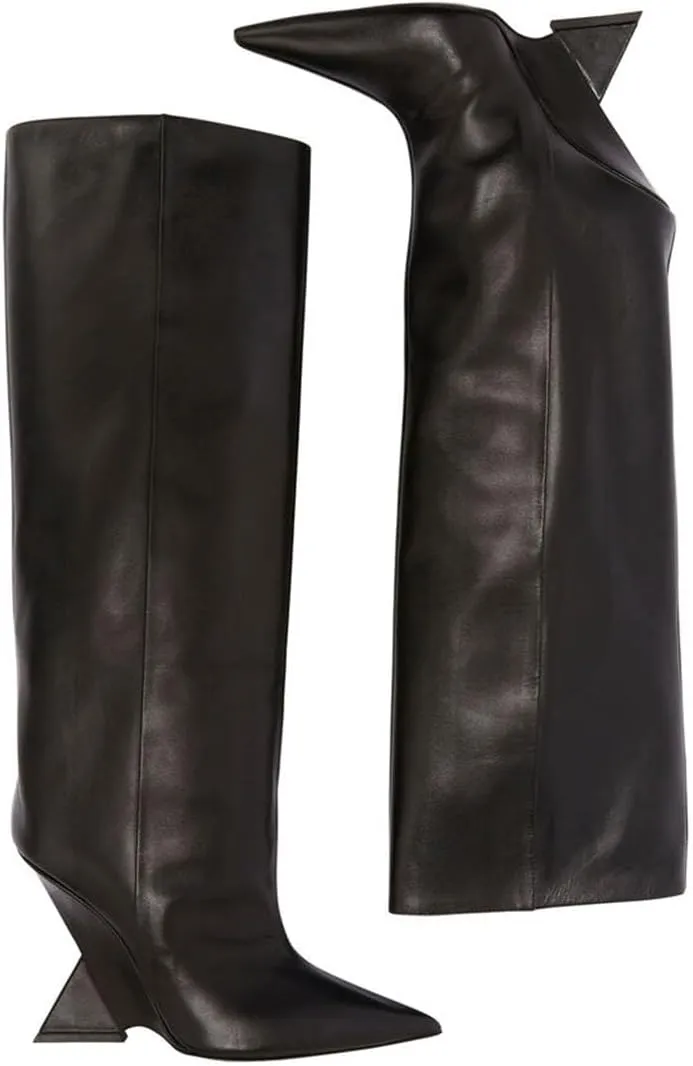 Vertundy Womens Pointed Toe Chunky High Heel Wide Calf Knee High Boots