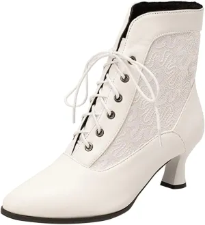 Victorian Ankle Boots for Women,Women's Ankle Boots Mid Calf Boots Gothic Kitten Heel Lace Up Mesh Vintage Pointed Toe Knight Boots Witch Boots for Women Wedding Bridal Shoes