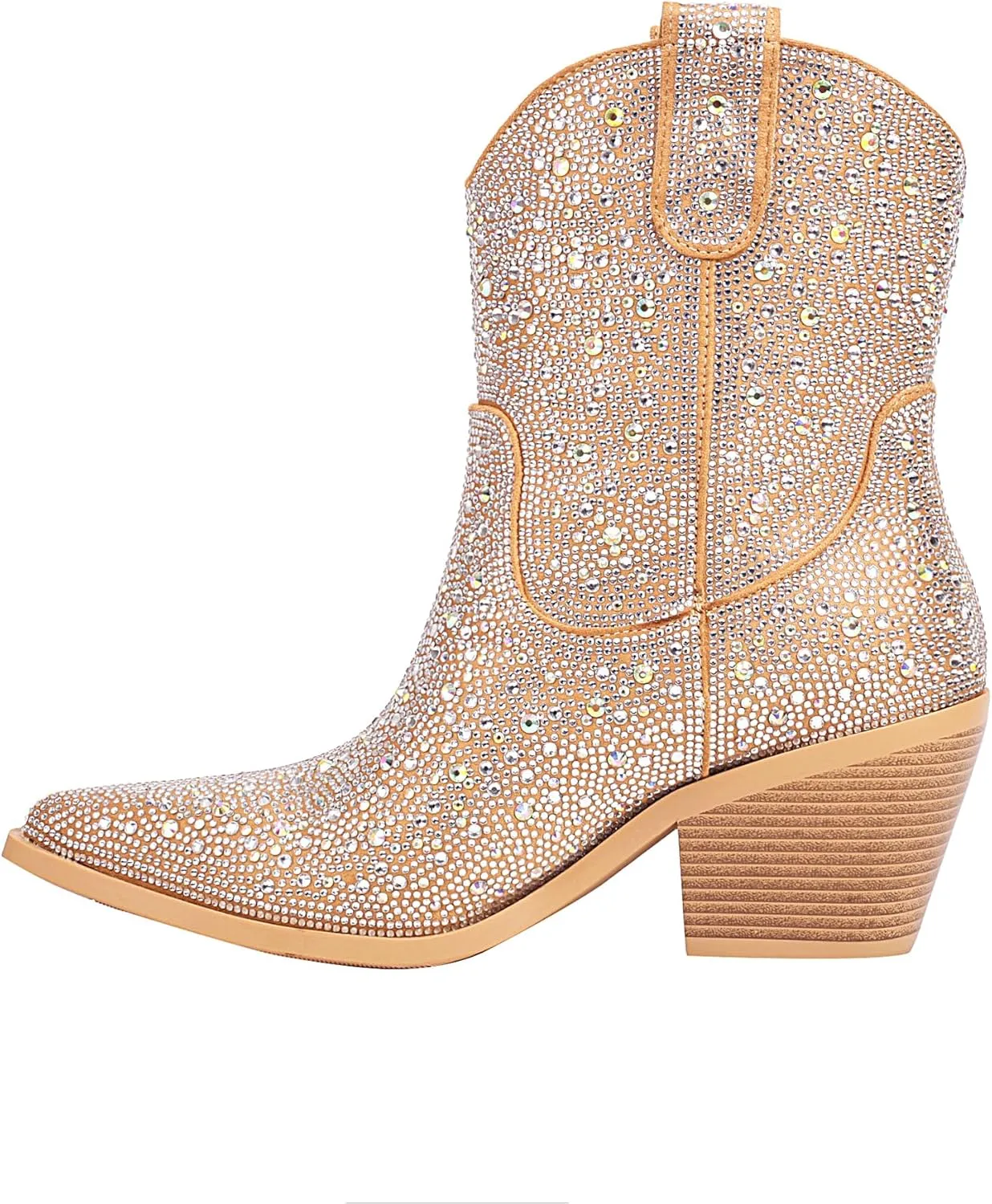vivianly Rhinestone Cowboy Boots for Women Western Glitter Ankle Boots Cowgirl Boots, Women's Mid Calf Sparkling Diamond Boots Pointed Toe Chunky Heel Boots