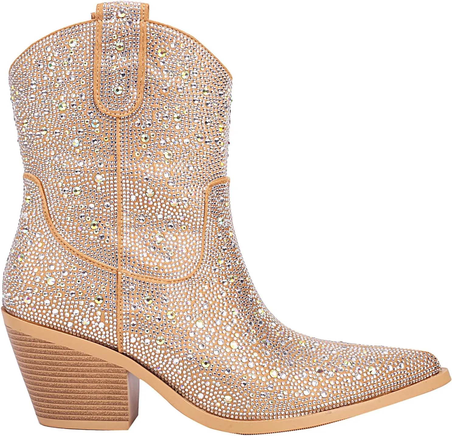 vivianly Rhinestone Cowboy Boots for Women Western Glitter Ankle Boots Cowgirl Boots, Women's Mid Calf Sparkling Diamond Boots Pointed Toe Chunky Heel Boots