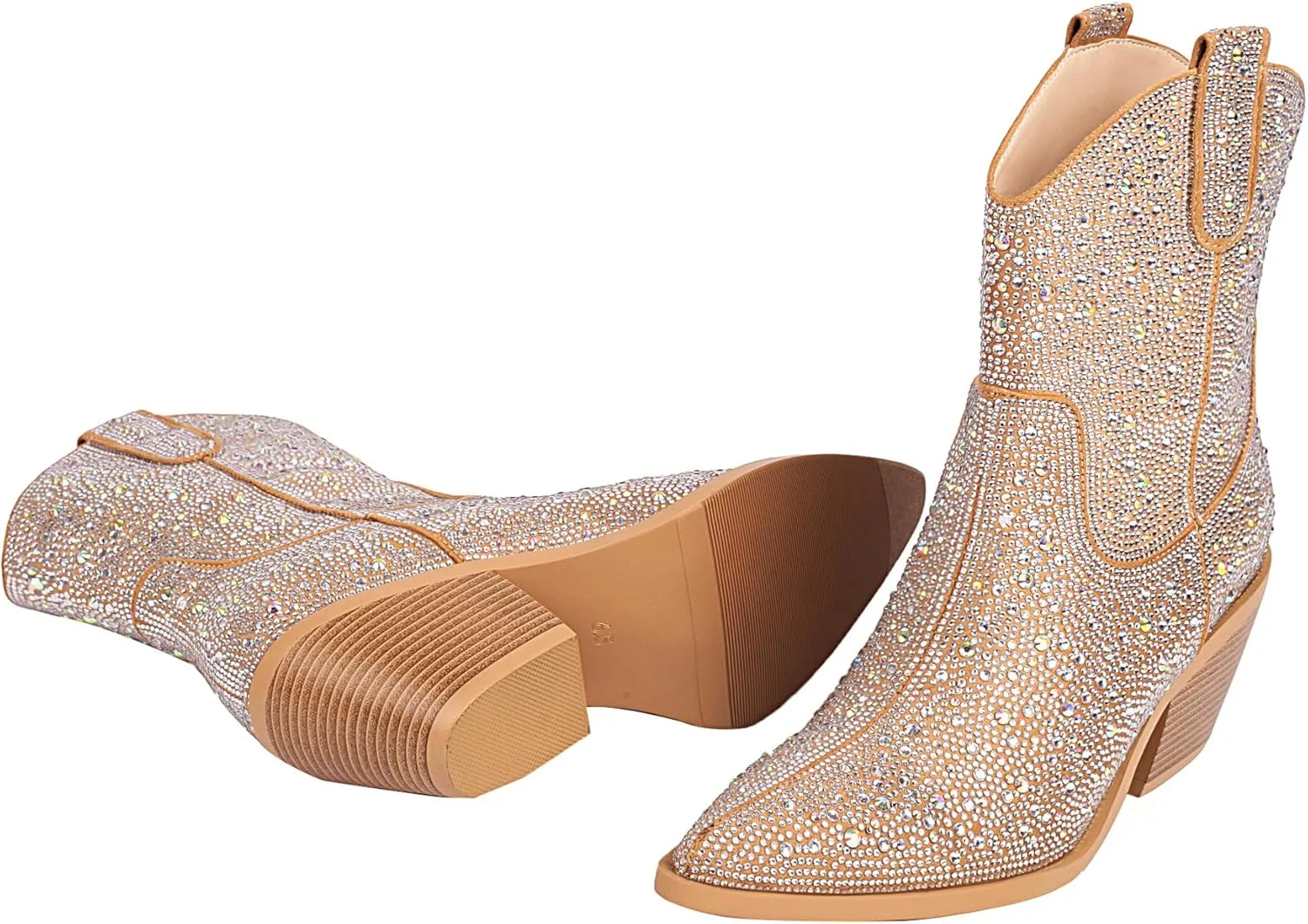 vivianly Rhinestone Cowboy Boots for Women Western Glitter Ankle Boots Cowgirl Boots, Women's Mid Calf Sparkling Diamond Boots Pointed Toe Chunky Heel Boots